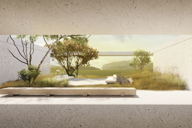 Coastline view through courtyard