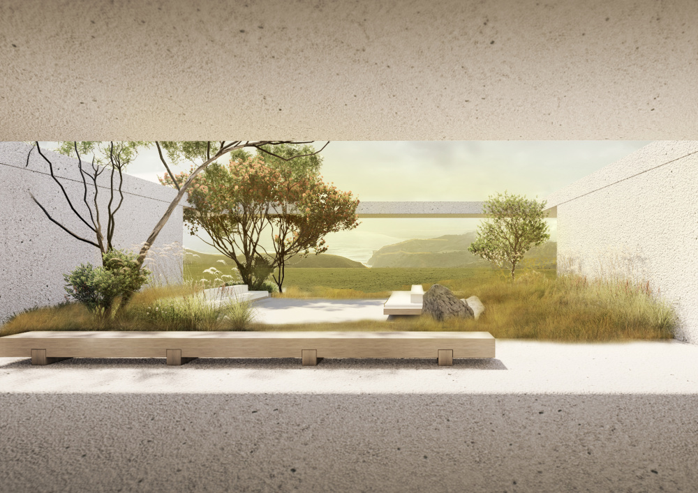 Coastline view through courtyard
